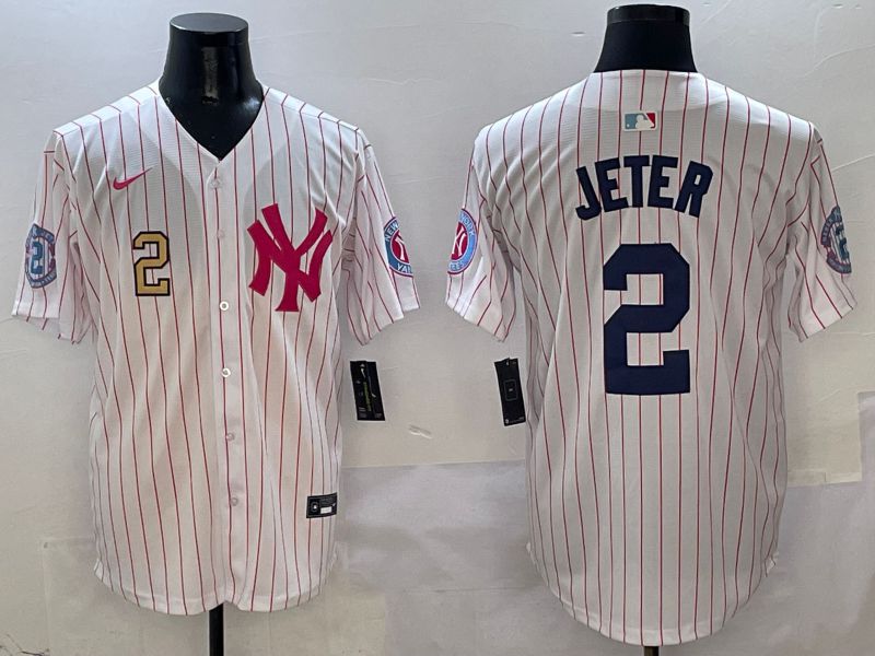Men New York Yankees #2 Jeter White Stripe Jointly Name Nike 2025 MLB Jersey style 3
